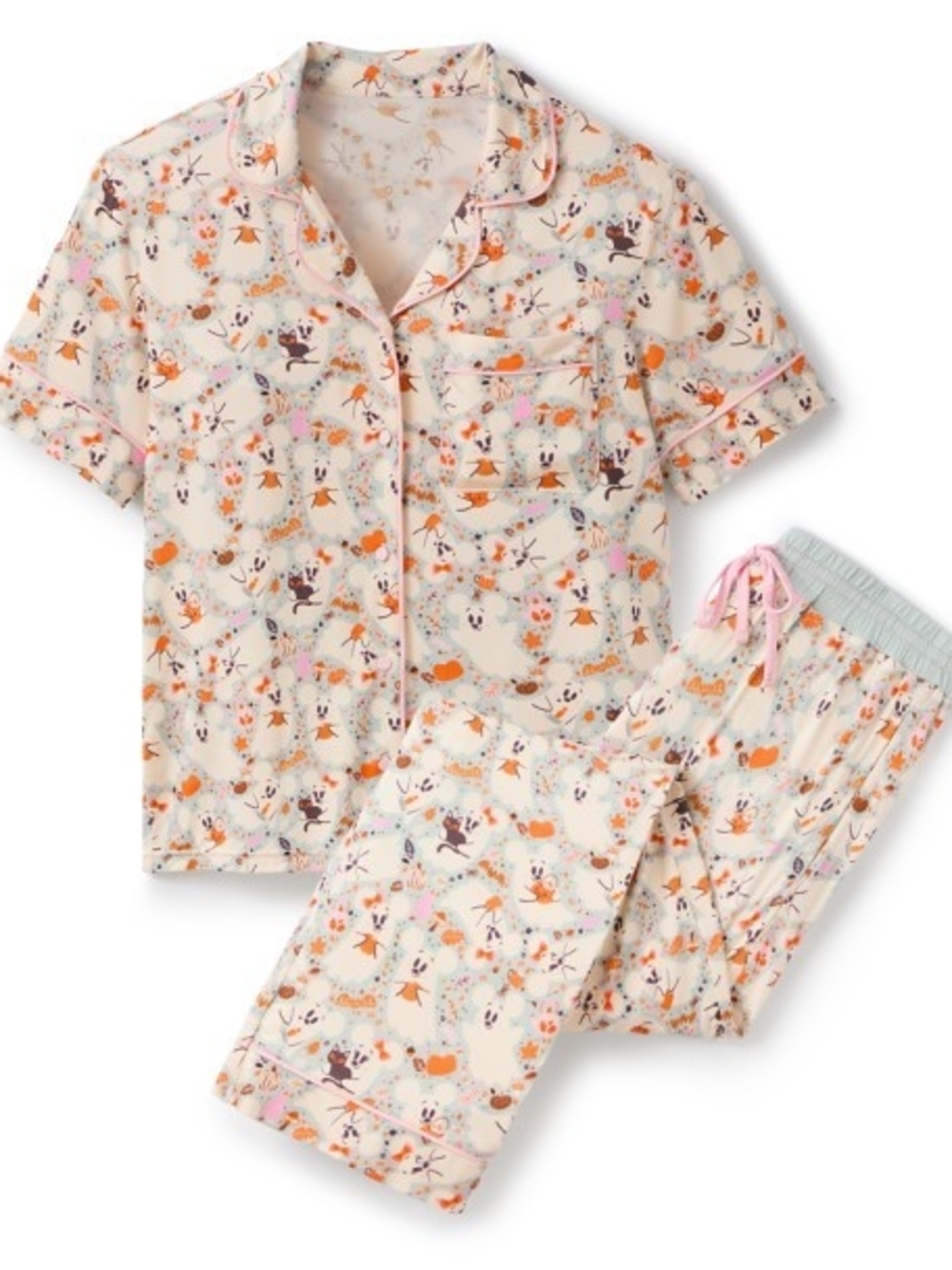 Disney Cream Floral & Animal Print Short-Sleeve Pajama Set with Pink Accents